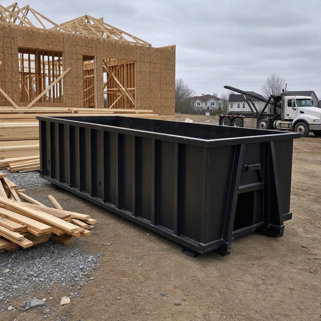 Matte-black 40-yard roll-off dumpster staged on a framed-out residential construction site in Modesto, framing lumber stacked nearby, hooklift delivery truck visible in the background under bright Colorado daylight