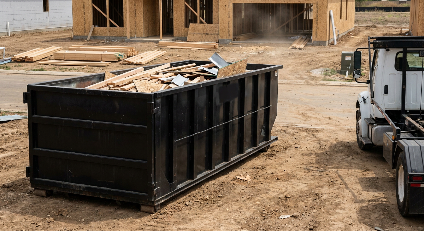 Matte-black 20-yard roll-off construction dumpster with heavy ribbed steel sidewalls and swing rear doors at a working jobsite in Modesto, sitting directly on compacted dirt with an unmarked white hauler partially visible at the far edge of the frame.