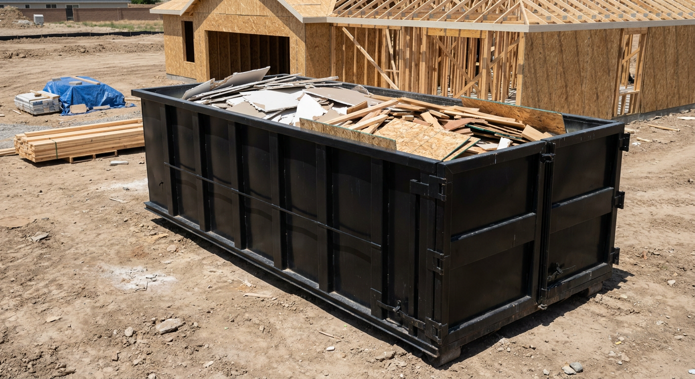 Matte-black 30-yard roll-off construction dumpster sitting directly on the compacted-dirt site of a framed single-family home build in Modesto, drywall and lumber scrap loaded inside.