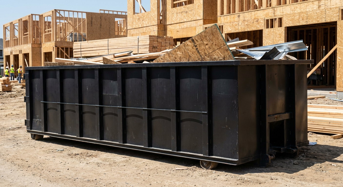 Matte-black 40-yard roll-off construction dumpster being lowered from a white-cab hooklift delivery truck onto the compacted-dirt jobsite at a commercial build site in Modesto