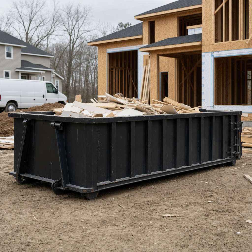 Worker in a yellow high-visibility vest tossing framing lumber and broken drywall into a matte-black 30-yard construction roll-off dumpster on an active build site in Modesto, bright daylight