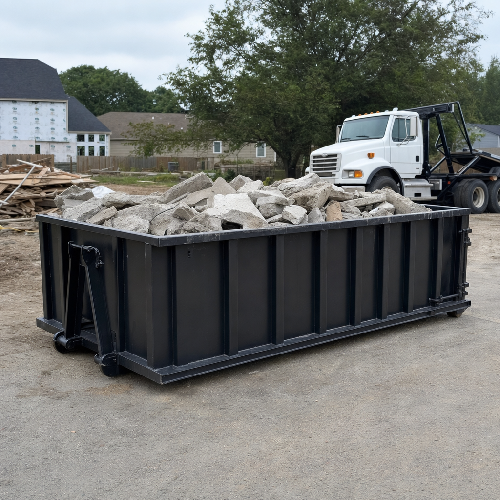 Low-profile matte-black lowboy roll-off dumpster loaded with broken concrete slab and rebar at a foundation tear-out in Modesto, skid steer parked beside it, sunny Colorado morning