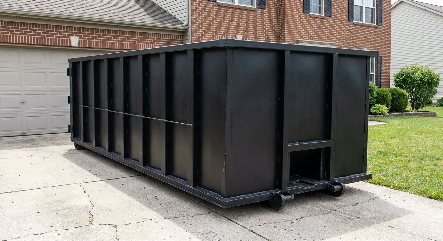 Matte-black 20-yard roll-off container on a Modesto residential concrete driveway with reinforced ribbed steel sidewalls and a hinged rear walk-in door, clean bright daylight.