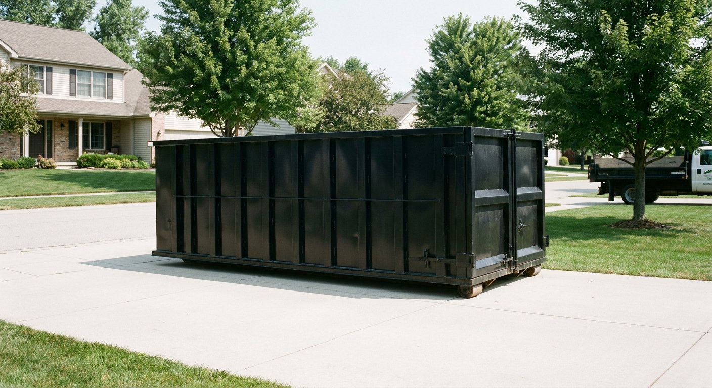 Matte-black 20-yard roll-off dumpster sitting level on a clean Modesto residential concrete driveway under bright daylight, demonstrating clean placement directly on the concrete.