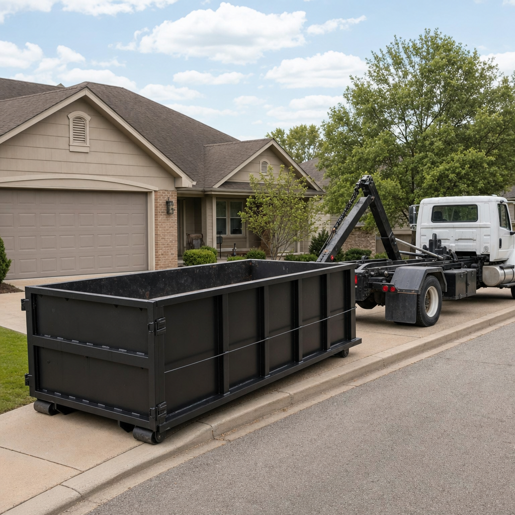Wide documentary shot of a matte-black roll-off dumpster on a Modesto residential driveway in the foreground and a contractor jobsite container in the soft-focus background, bright daylight, calm and orderly composition.