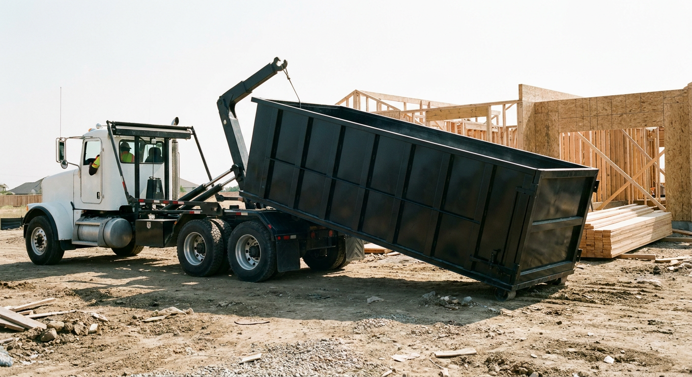 Matte-black roll-off dumpster being delivered onto a clean residential concrete driveway in Modesto by an unmarked white hooklift hauler truck, bright morning daylight, documentary 35mm perspective.
