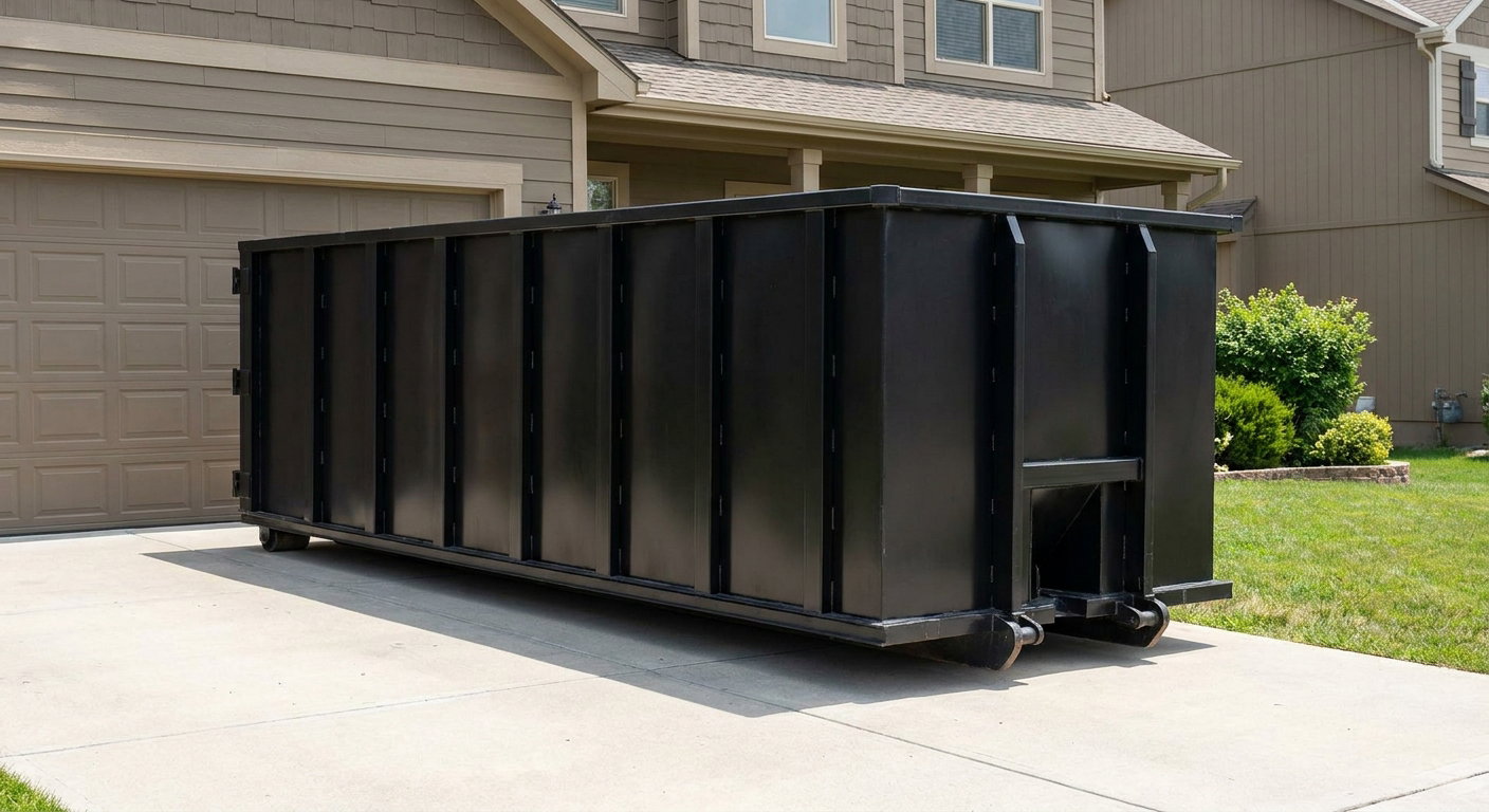 Matte-black residential roll-off dumpster sitting directly on a suburban Modesto concrete driveway, garage door closed, single-family home in background, bright morning daylight.