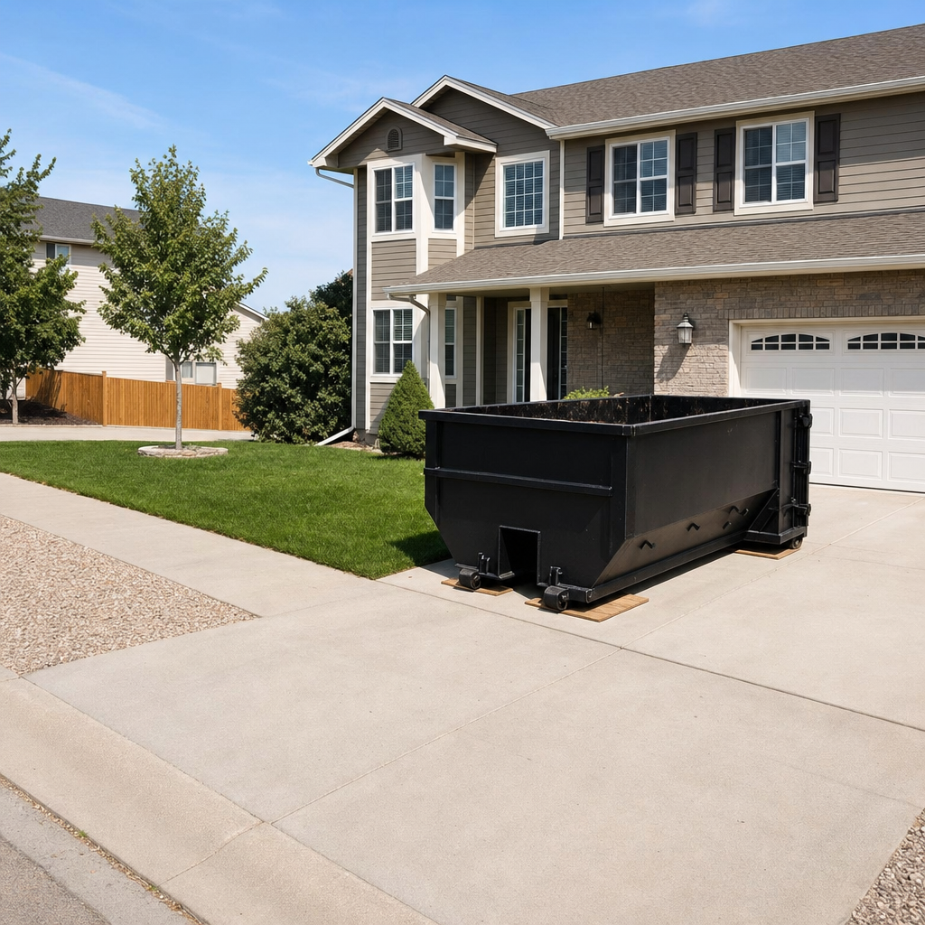 10-yard matte-black residential dumpster placed directly on a narrow Modesto concrete driveway, room remains for a parked sedan beside it, mid-morning natural light