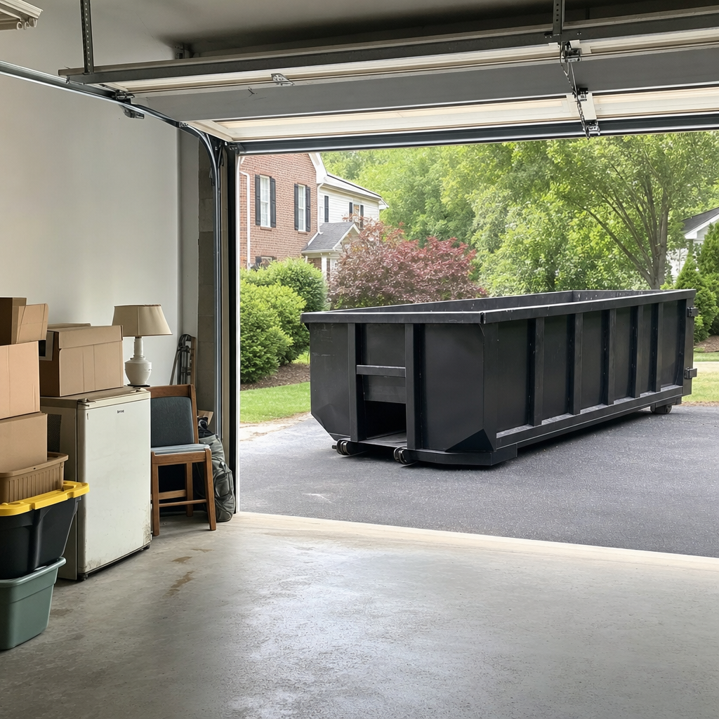 Open garage interior in a Modesto home mid-cleanout — boxed items, an old appliance, and stacked yard tools queued near the driveway for a matte-black roll-off dumpster, organized and calm