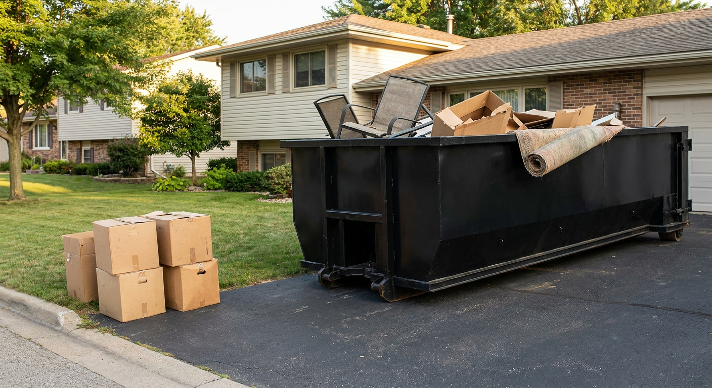 Front-yard view of a Modesto split-level home with a 20-yard matte-black roll-off dumpster sitting directly on the asphalt driveway, a few clearly labeled donation boxes staged at the curb, calm sunny afternoon.