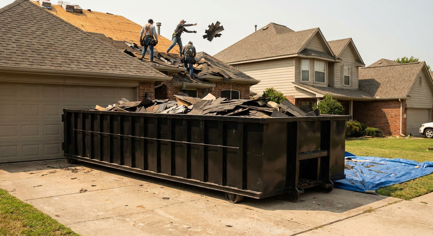Matte-black roofing roll-off dumpster placed directly on a Modesto residential concrete driveway, a tear-off crew on a two-story asphalt-shingle roof tossing shingle bundles into the low-walled container, bright daylight, documentary 35mm perspective.
