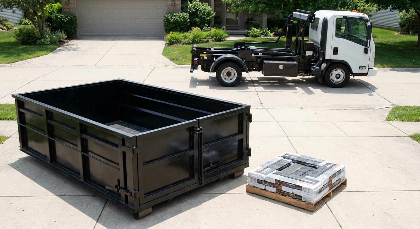 Matte-black 15-yard roofing roll-off dumpster with reinforced low side walls sitting directly on a Modesto residential concrete driveway, three-tab asphalt shingle bundles stacked nearby, an unmarked white hauler truck partially visible at the edge of the frame.
