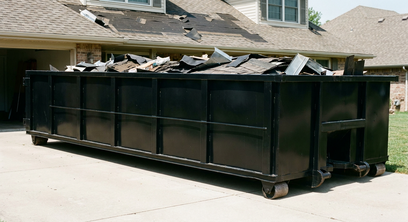 Matte-black 20-yard roofing roll-off dumpster with steel ribbed sides and swinging rear door, sitting directly on the concrete driveway of a two-story Modesto home, asphalt shingle debris being loaded over the low wall, clean documentary lighting.