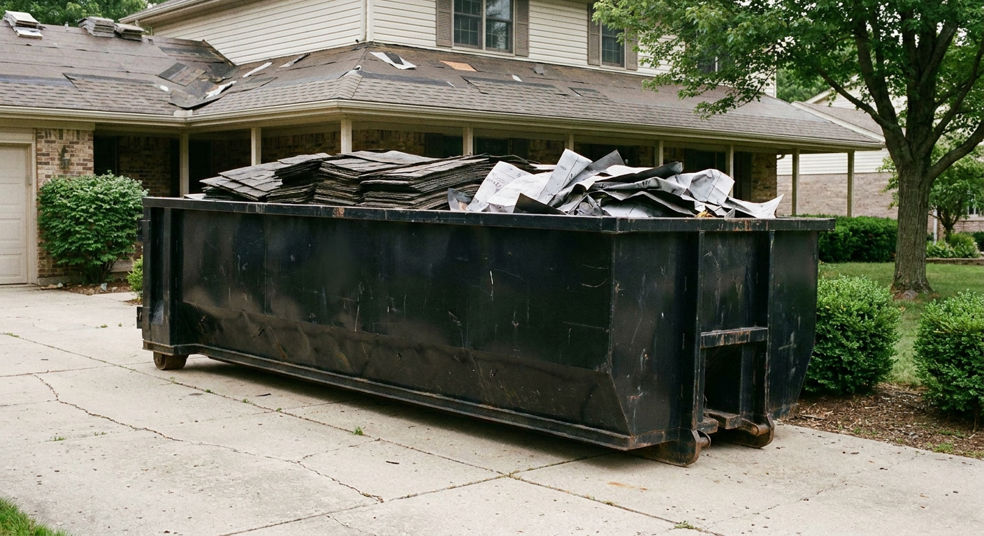 Matte-black 30-yard roofing roll-off dumpster sitting directly on a Modesto concrete driveway, taller ribbed steel side panels, mixed tear-off debris of asphalt shingles and underlayment inside, professional documentary daylight.