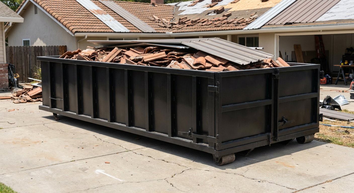 Matte-black low-wall heavy-debris roofing roll-off dumpster sitting directly on a Modesto concrete driveway, broken concrete clay roof tiles and metal panel sections loaded inside, reinforced ribbed steel side walls visible, bright outdoor daylight.