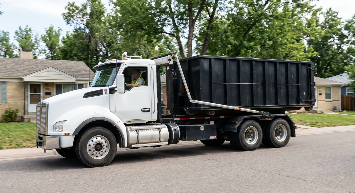 A wide documentary shot of a matte-black roll-off delivery truck pulling onto a quiet Modesto residential street at mid-morning, with neighborhood rooftops and tree-lined blocks visible behind, showing the metro coverage footprint.