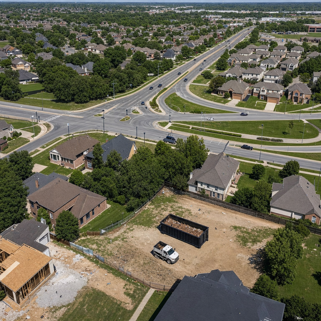An overhead documentary view of the Modesto metro area at midday, showing the spread of neighborhoods, arterial roads, and the dispatch radius from a central yard — clean daylight, organized geographic layout.