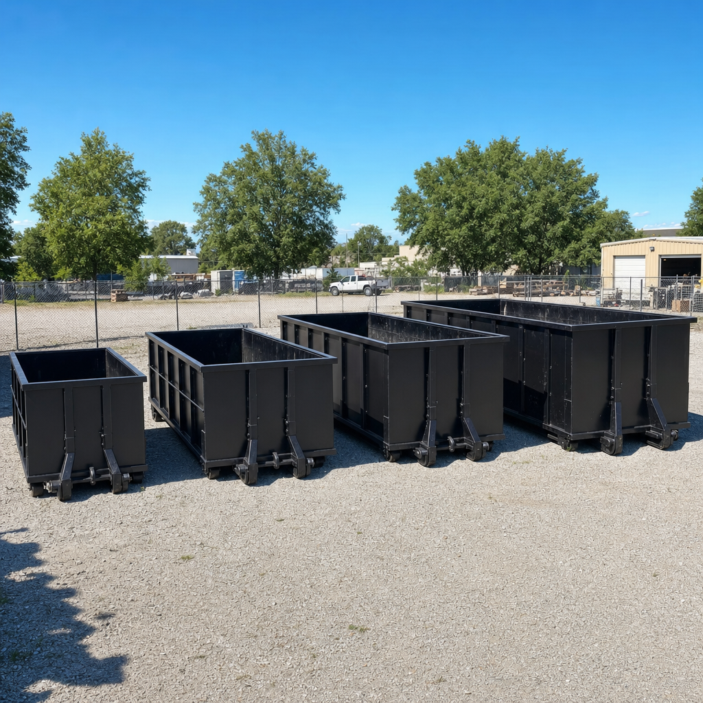 A clean lineup of matte-black roll-off dumpsters in 10, 20, 30, and 40-yard sizes staged on a sunlit gravel yard in Modesto, showing the size progression from compact to commercial-scale containers.