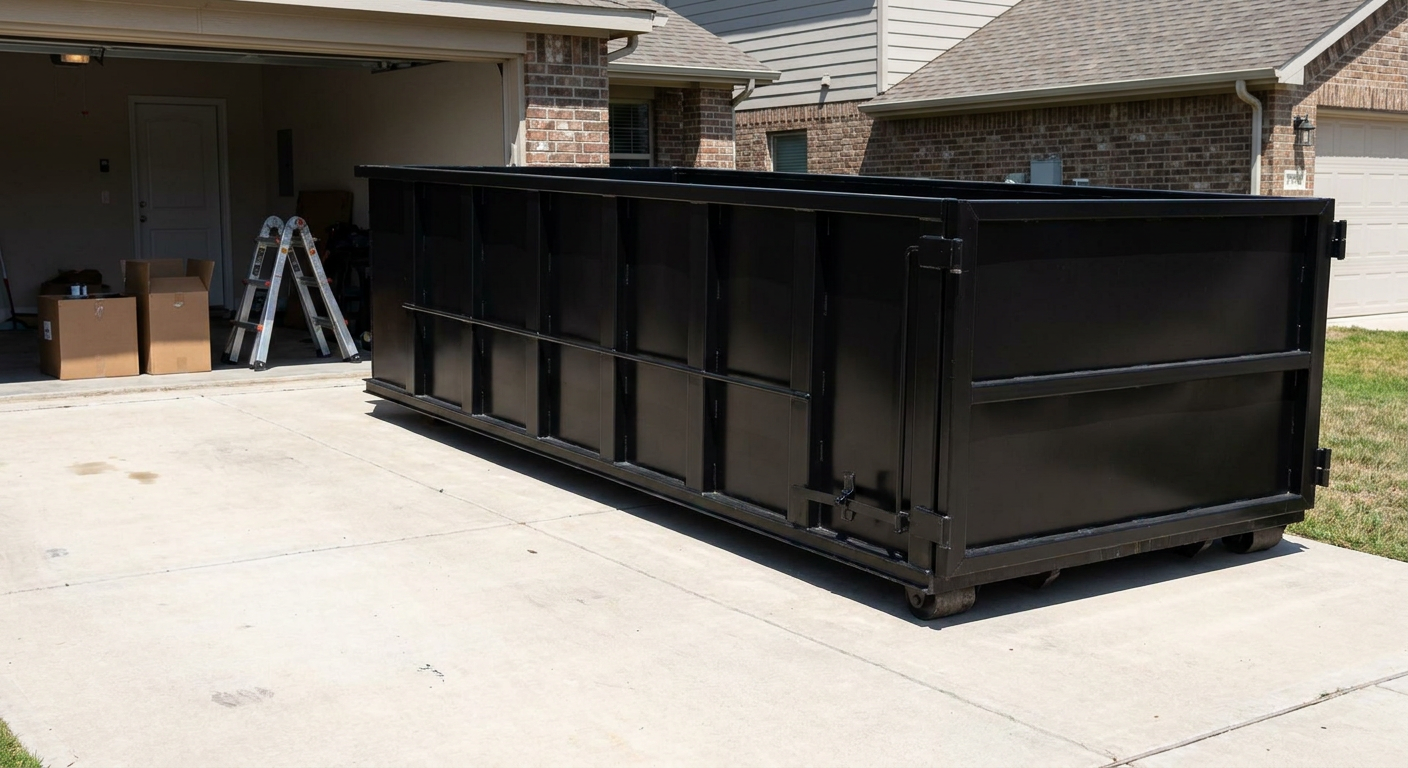A matte-black 10-yard roll-off dumpster sitting directly on a residential Modesto concrete driveway, mid-day sunlight, clean and ready for a garage cleanout.