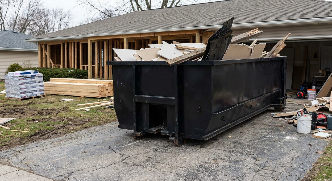 A matte-black 20-yard roll-off dumpster placed alongside a mid-renovation Modesto home directly on the asphalt driveway, with framing materials and torn-off shingles staged neatly nearby.