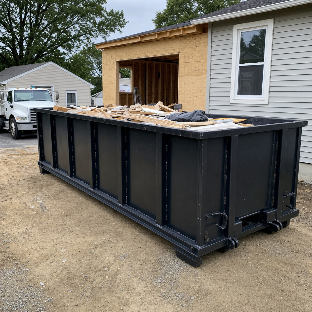 A matte-black 30-yard roll-off dumpster positioned at a Modesto residential addition jobsite, with framing lumber and drywall scraps loaded through the open swinging rear doors.