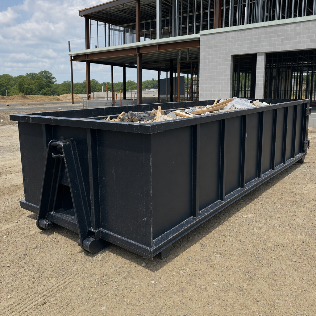 A matte-black 40-yard roll-off dumpster staged on a large Modesto commercial construction lot, with a hooklift delivery truck parked alongside under bright midday sky.