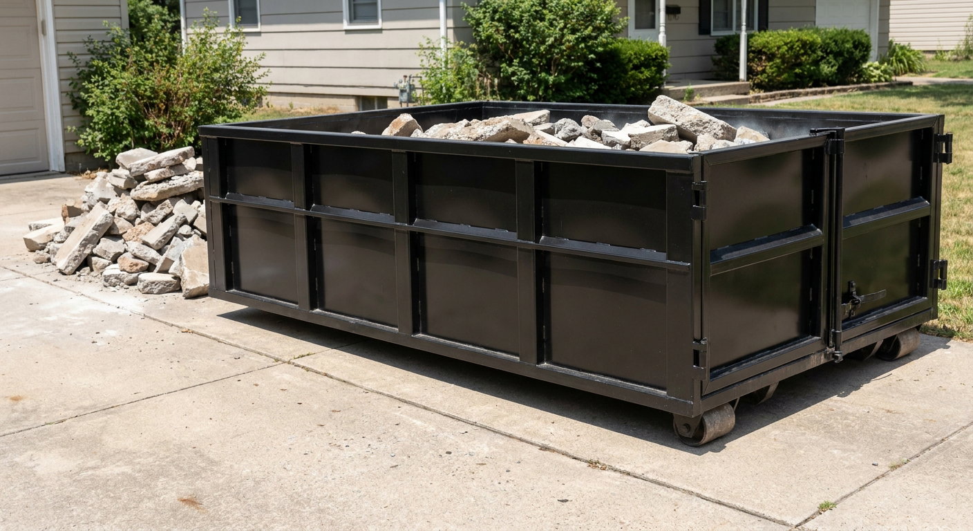 A matte-black low-side heavy-debris roll-off dumpster placed directly on a Modesto concrete driveway, with broken concrete chunks neatly stacked beside it under clean daylight.